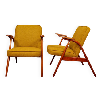 Set of MID Century Armchairs Ocher Yellow Wool, Turned Legs, 1960s