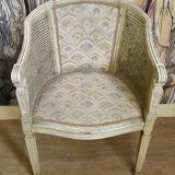 Louis XVI style office chair in lacquered wood, caning and fabric.