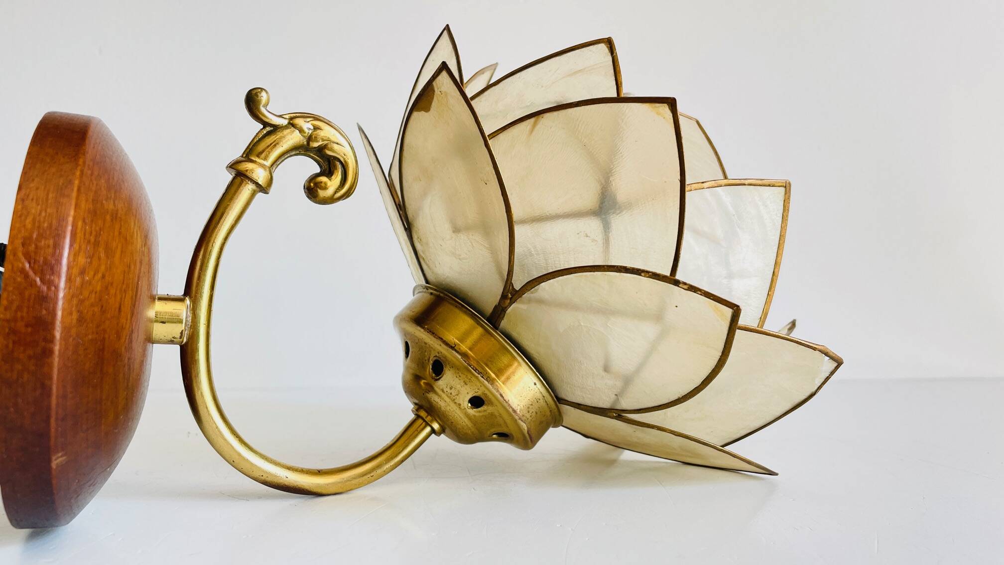 Vintage mother-of-pearl and brass flower wall lamp