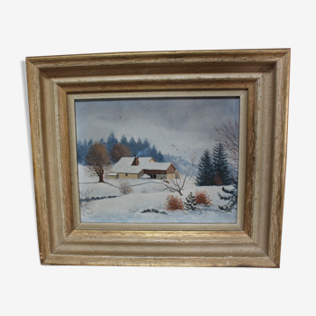 Huile sur toile signée "Paysage de neige en Suisse"