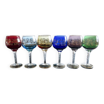 Set of 6 vintage colored Murano glass wine glasses
