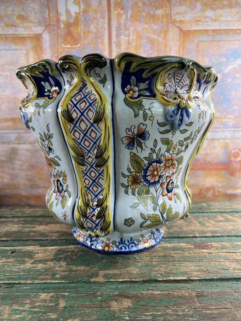 Polychrome French earthenware planter – Floral and butterfly decoration
