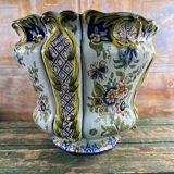 Polychrome French earthenware planter – Floral and butterfly decoration