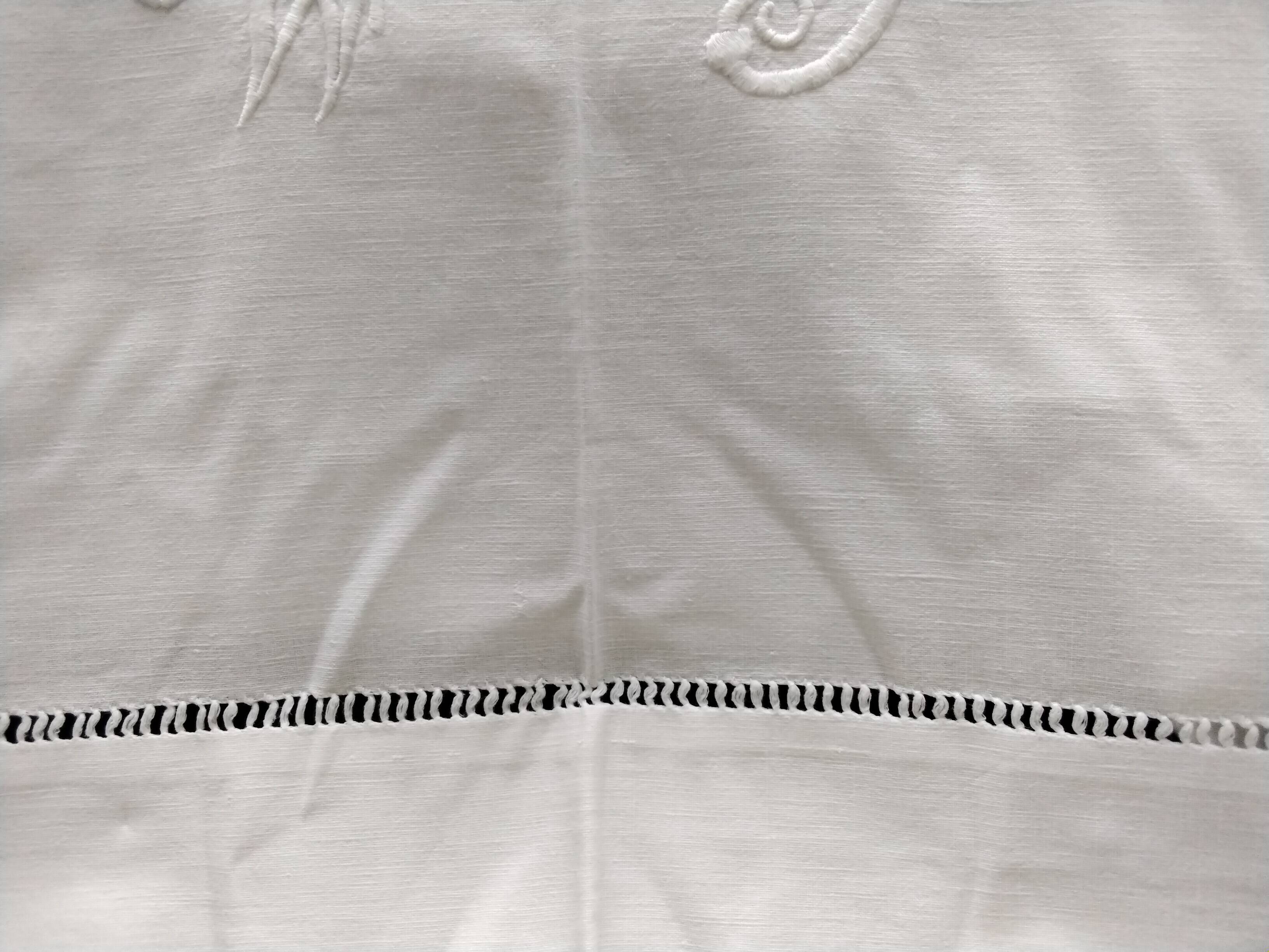 Old white cotton drape monogrammed WS 2 x 2.60 m