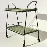 Vintage rolling table from 1960 - green rattan and black tubular metal