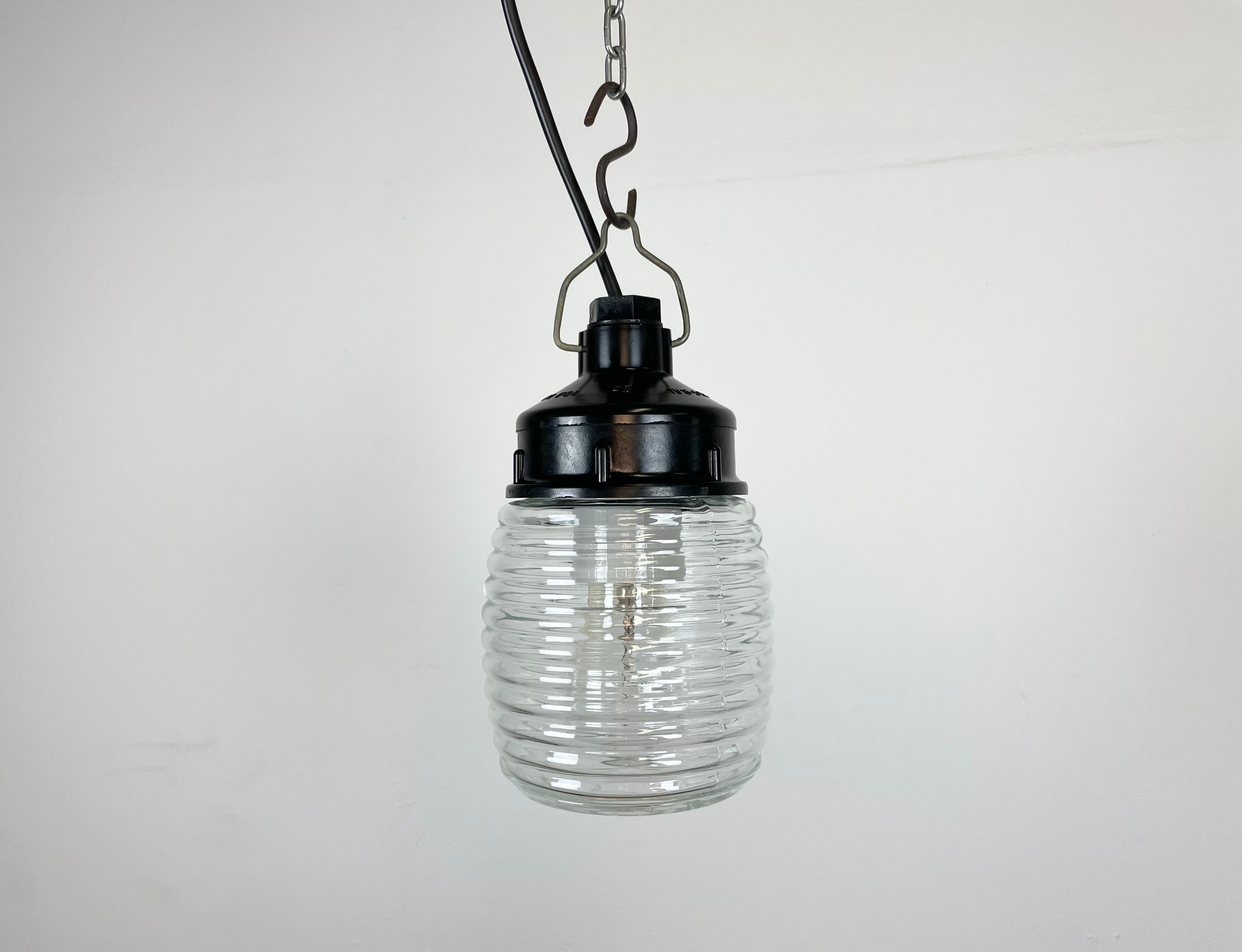 Industrial Bakelite Pendant Light with Ribbed Glass, 1970s