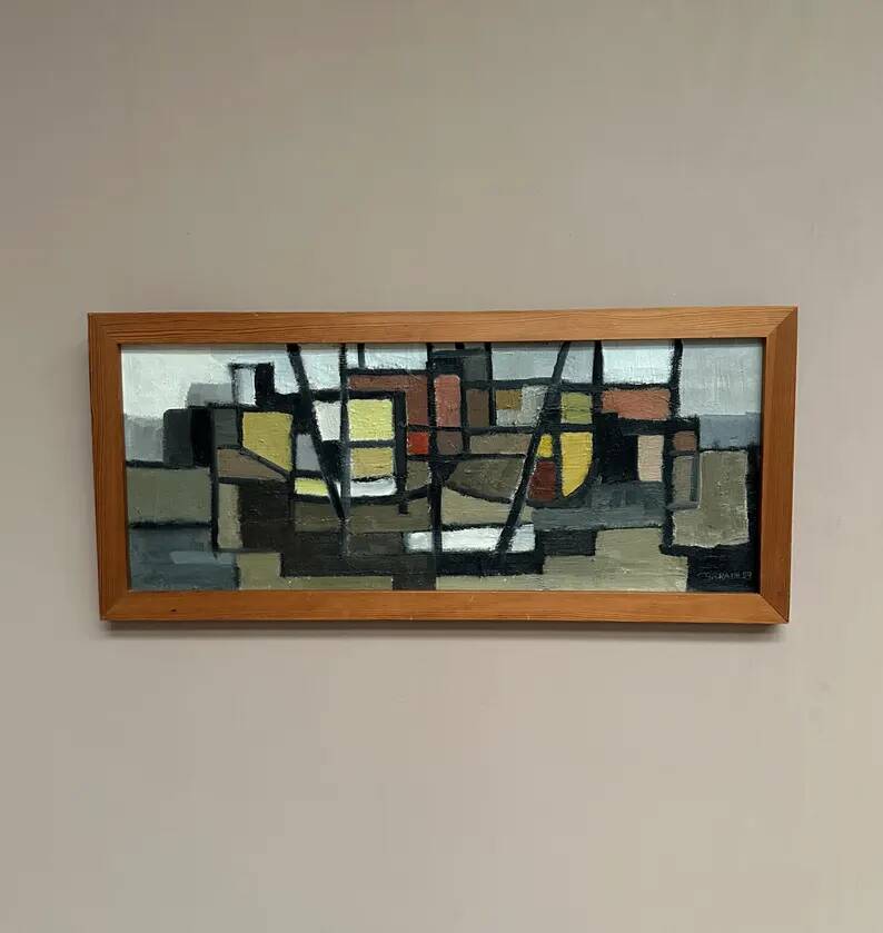 Original Swedish Oil on Canvas – “Abstract Composition” – Signed – Dated 1959 – Vintage & Framed – 77 × 35 cm
