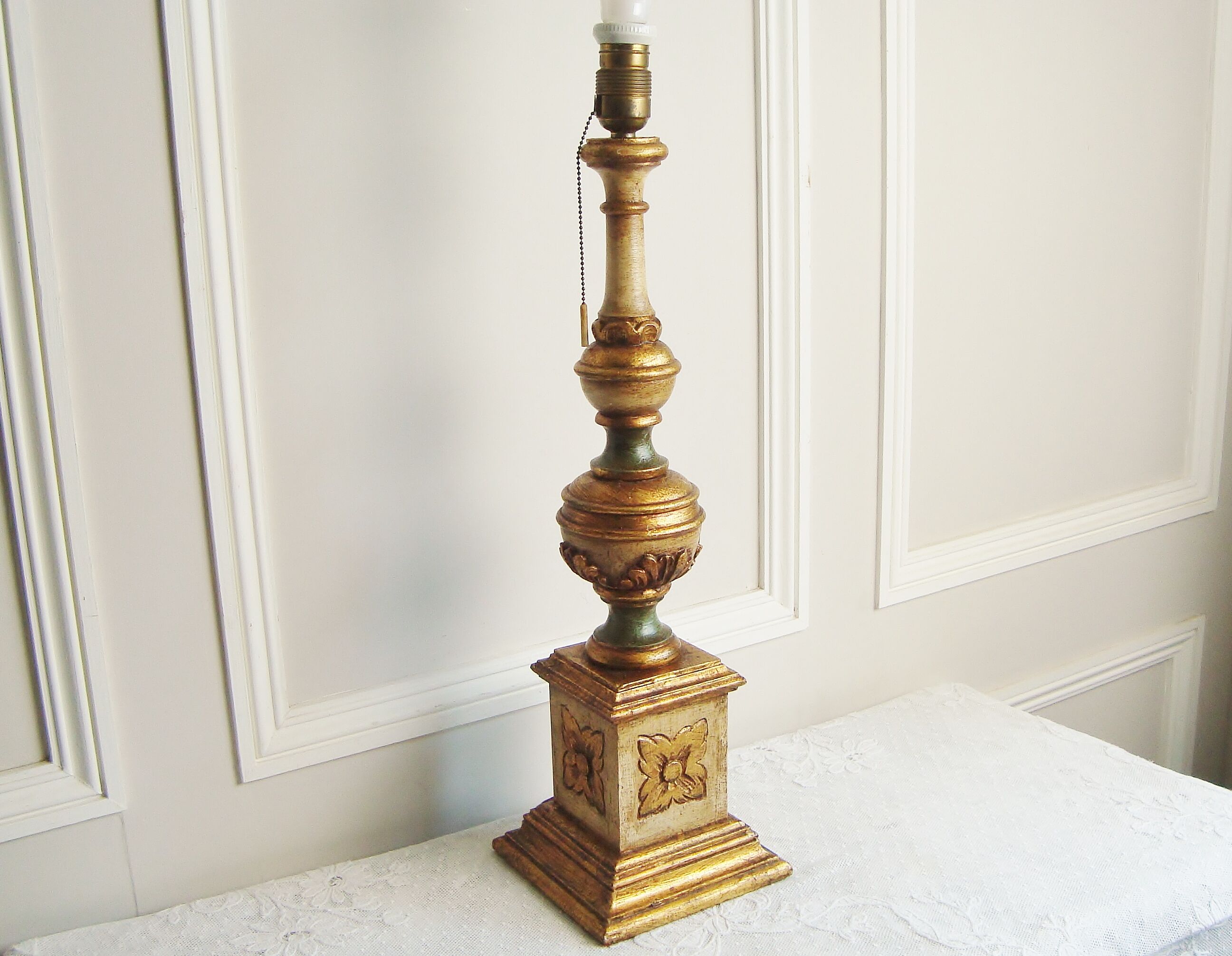 Ancient Venetian lamp in polychrome carved wood