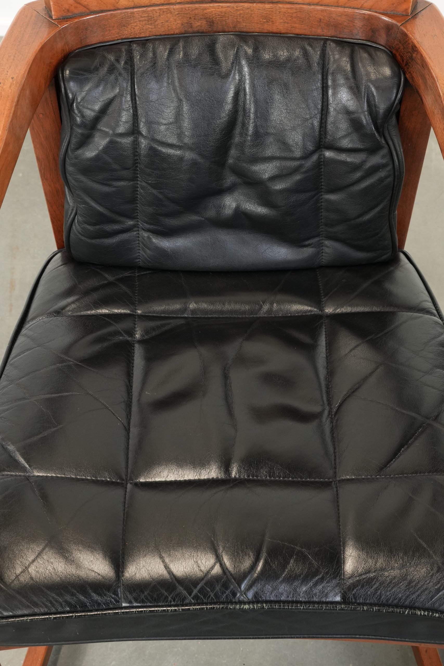 Black leather set of 2 Art Deco design dining/side chairs with armrests