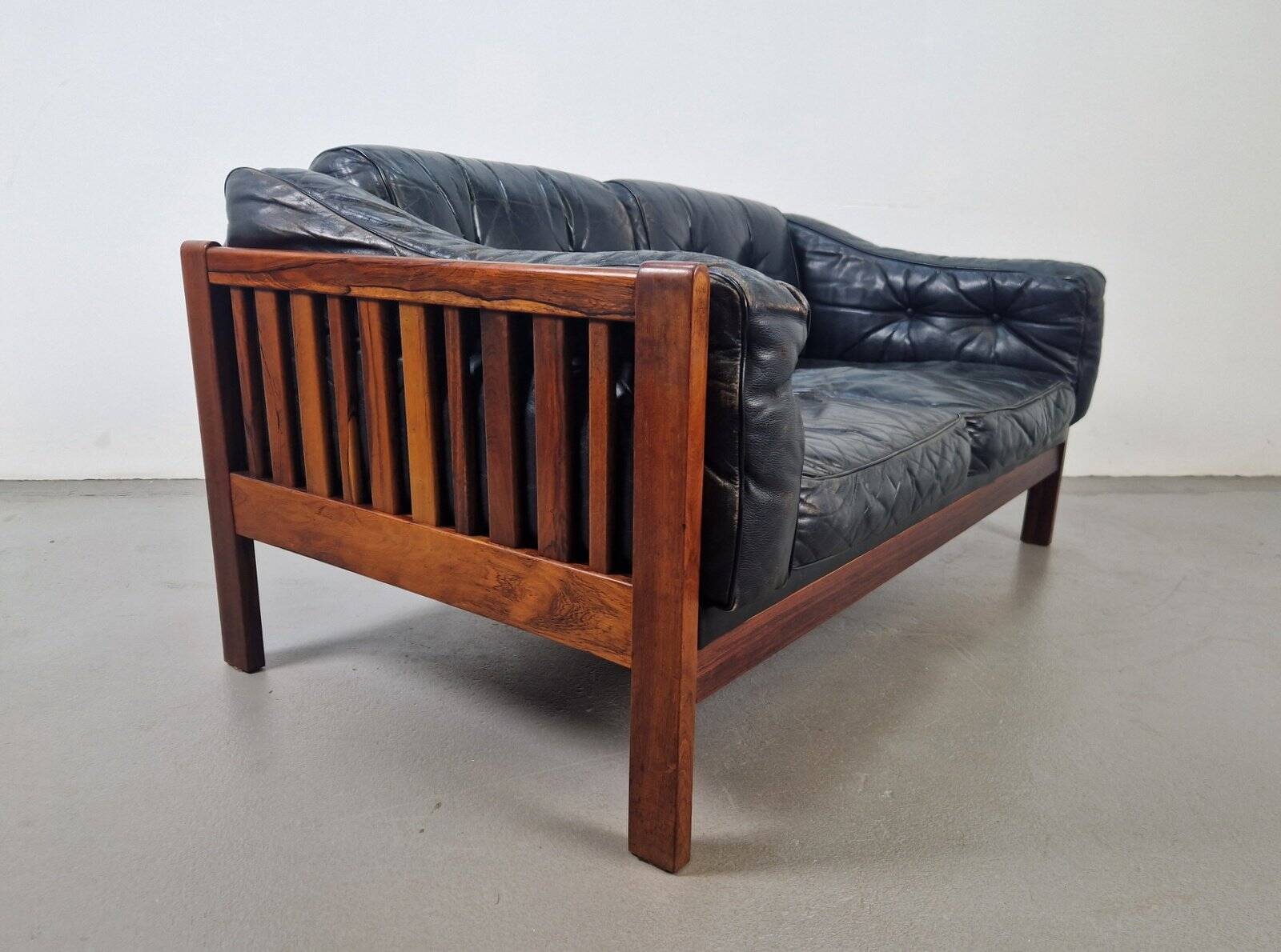 Mid-Century Modern Scandinavian Monte Carlo Sofa in Black Leather and Wood by Ingvar Stockum, 1965