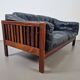 Mid-Century Modern Scandinavian Monte Carlo Sofa in Black Leather and Wood by Ingvar Stockum, 1965