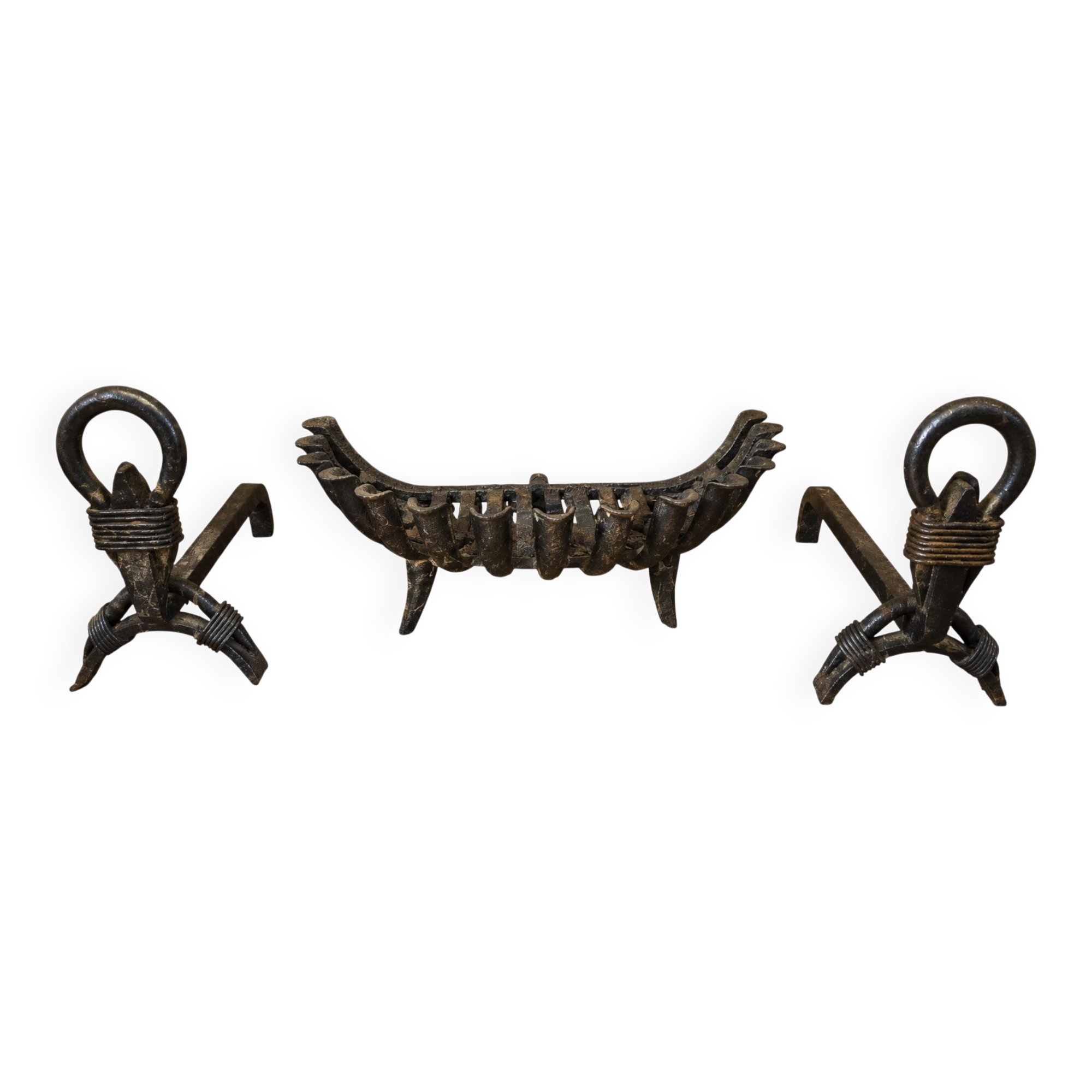 Important wrought iron fireplace accessories – Andirons and log basket