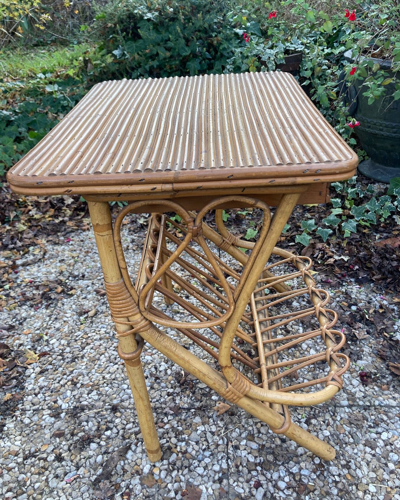 Vintage rattan magazine rack table
