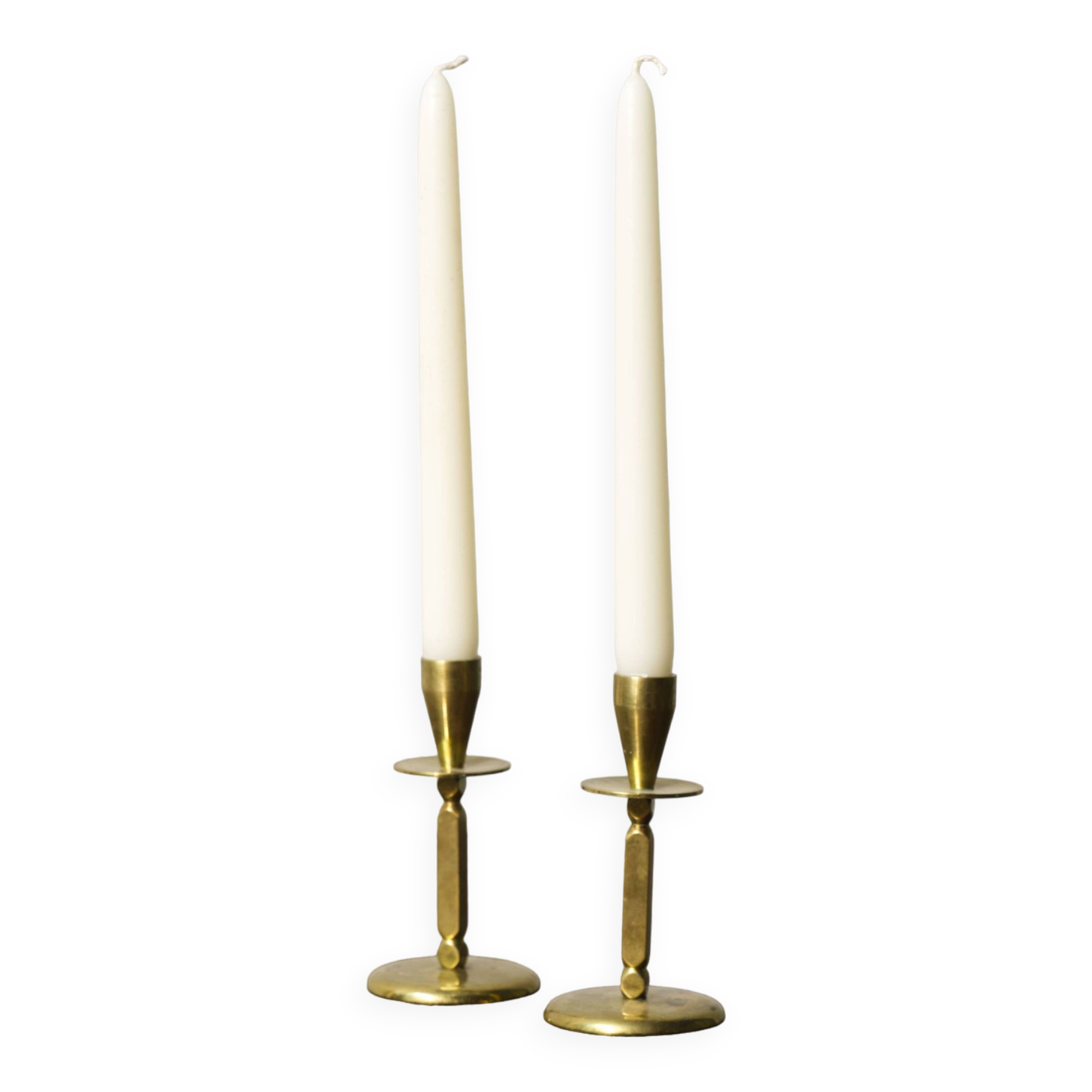 2x Mid century brass candle sticks, Kara Denmark