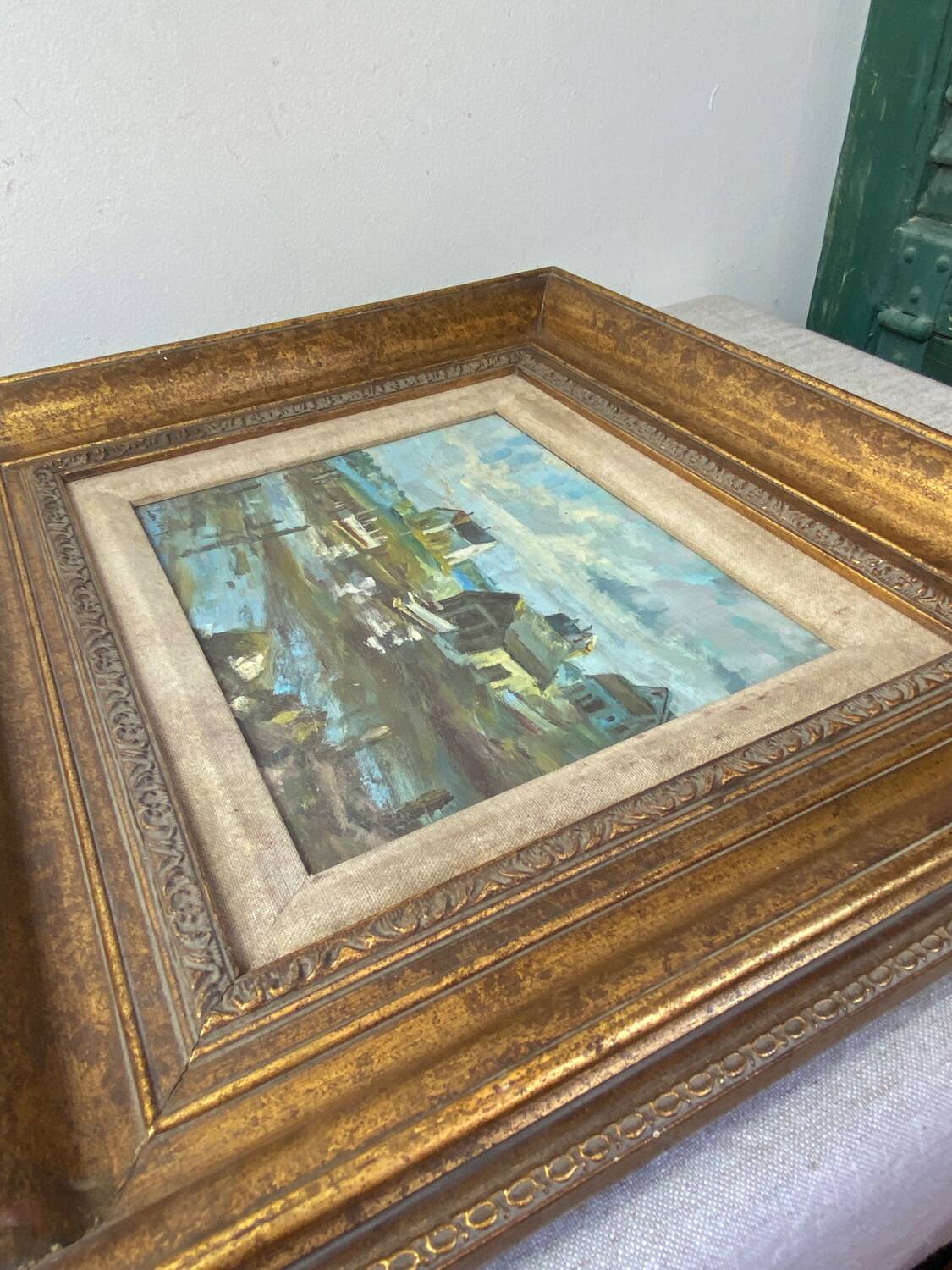 Oil on canvas, seaport scene