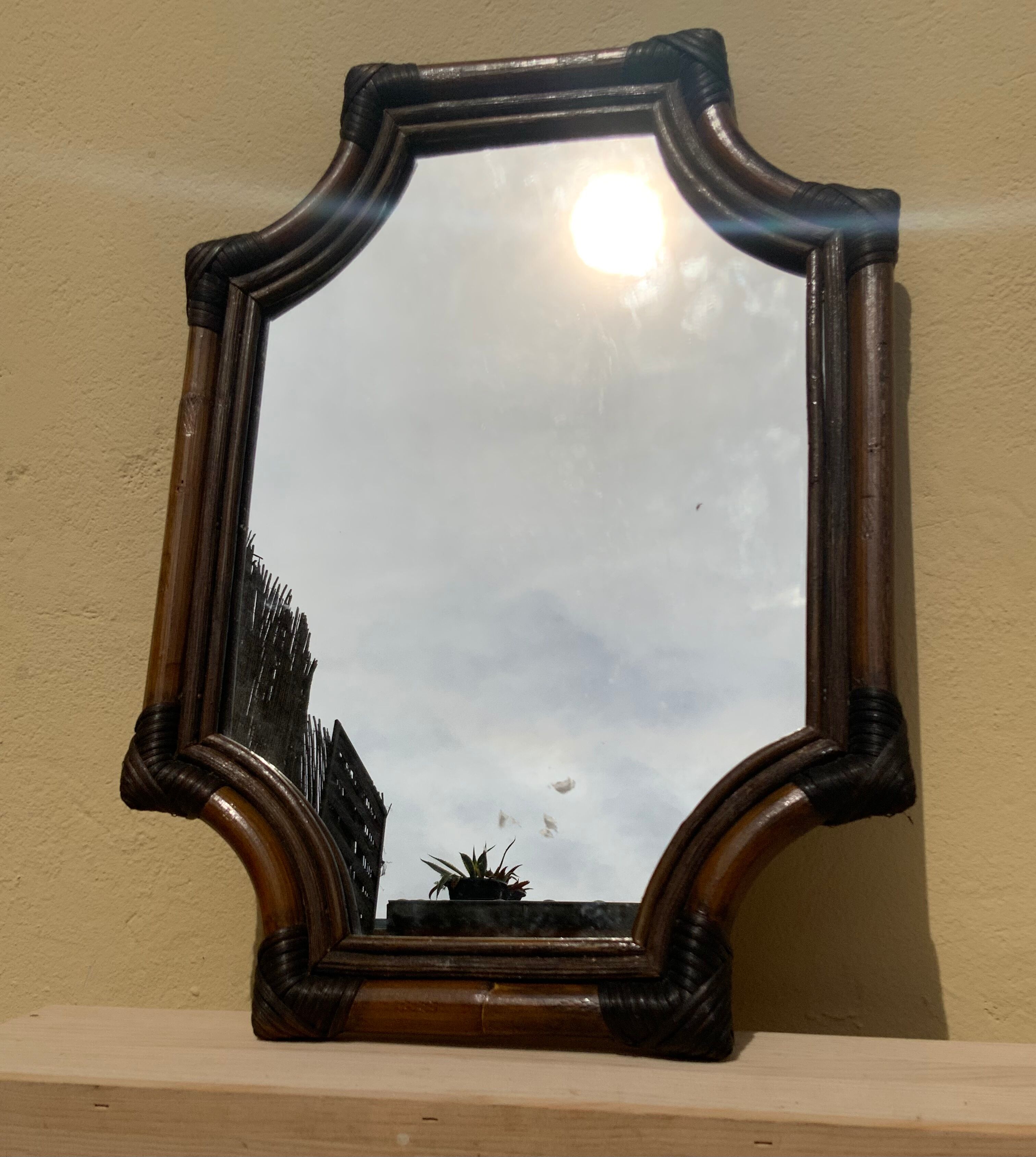 Large format retro decorative vintage wicker and rattan wood mirror