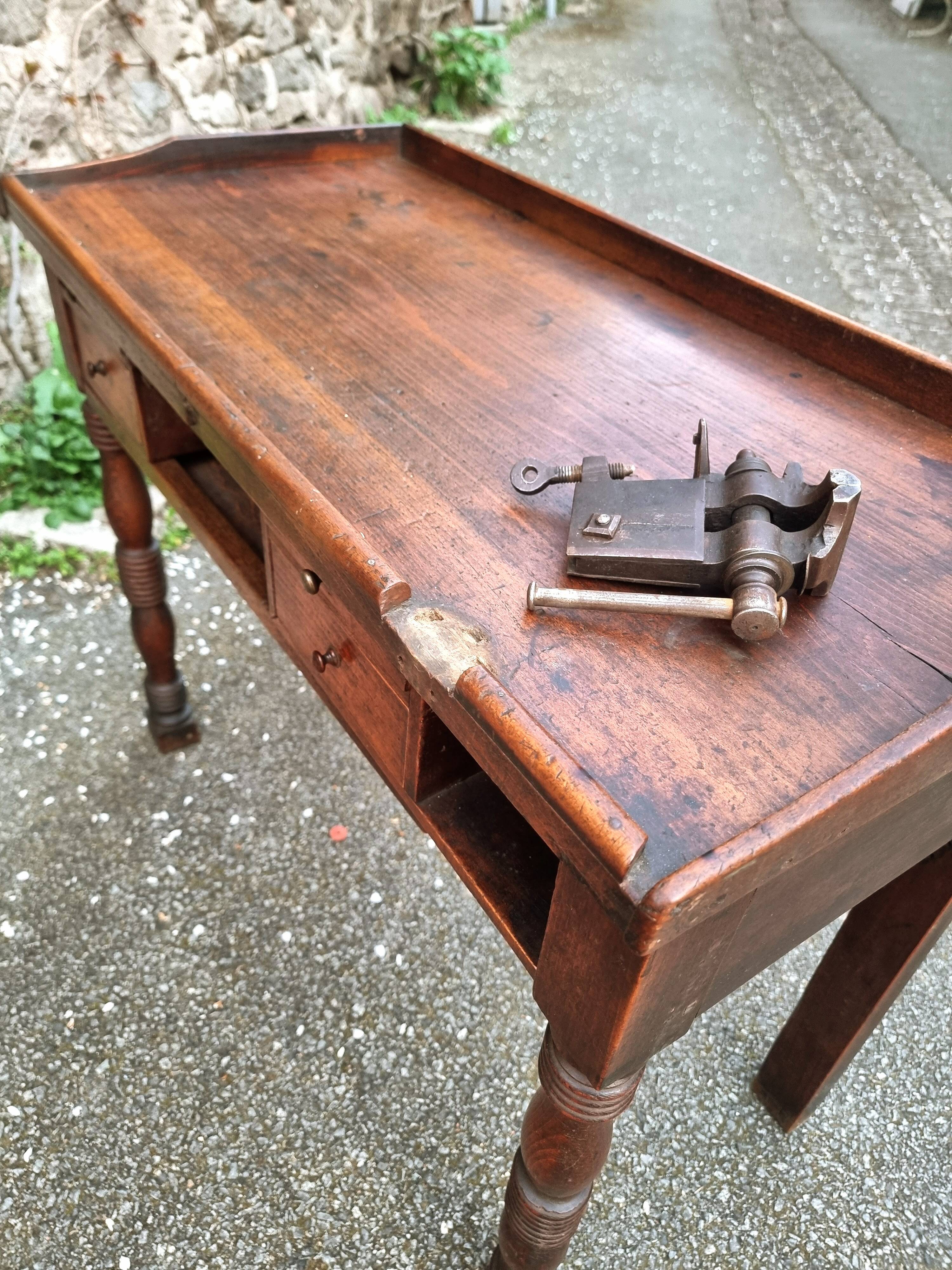 French antique watchmaker's bench – Table with drawers, vice, and original sliding leather surface – circa 1900