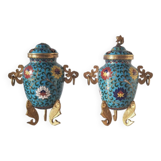 Asian art china xx - pair of cloisonné enamel vases - height 16 cms
