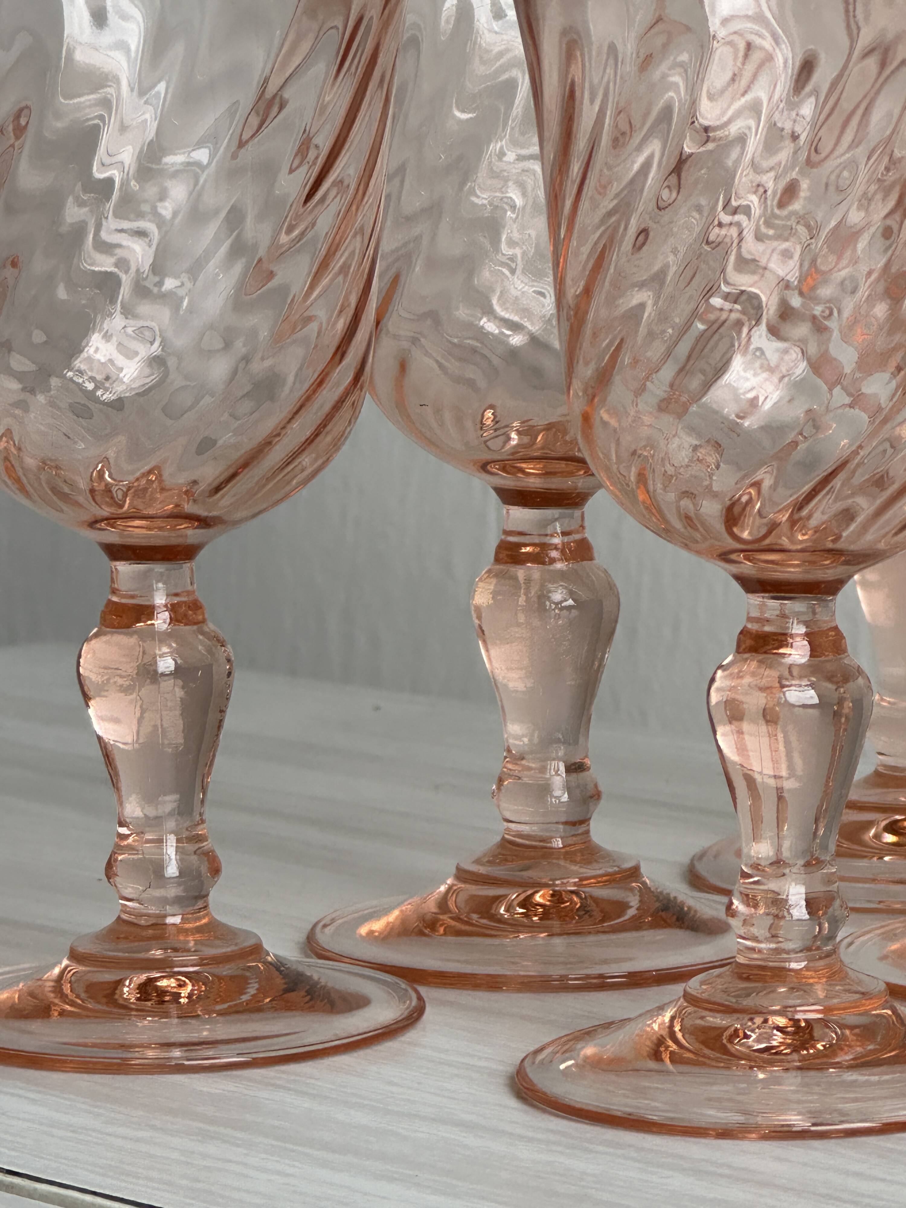 6 liqueur stemmed glasses in twisted pink glass, rosaline.
