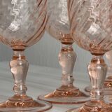 6 liqueur stemmed glasses in twisted pink glass, rosaline.