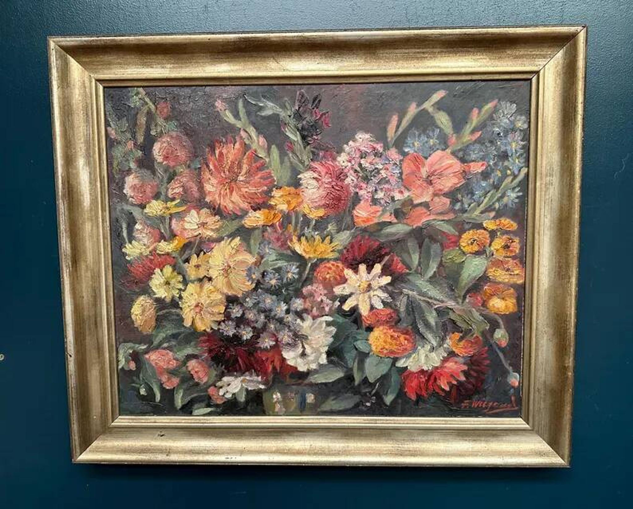 Original Still Life Oil on Canvas “Still Life with Flowers” by F. Wiegand