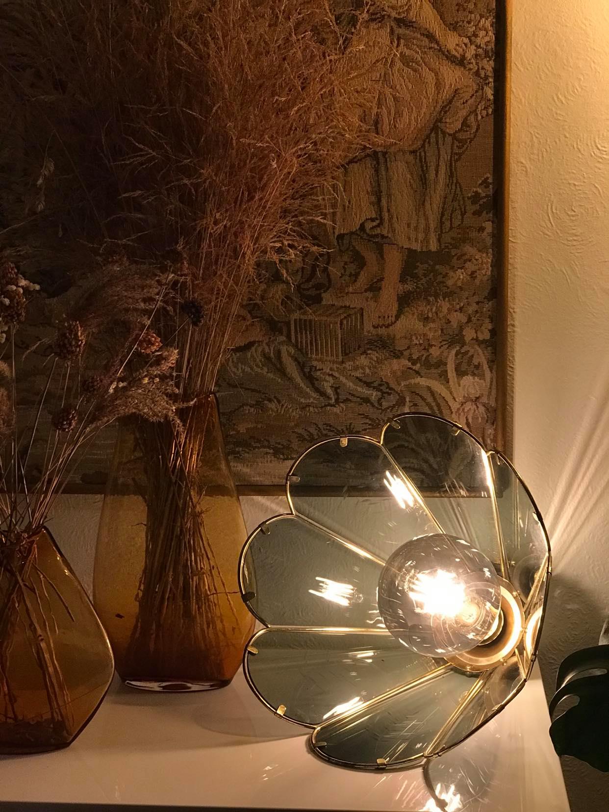 Vintage chandelier in smoked glass and gold metal