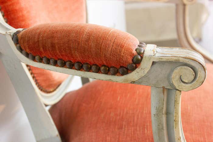 Pair of Louis XVI style medallion armchairs in orange velvet - circa 1950