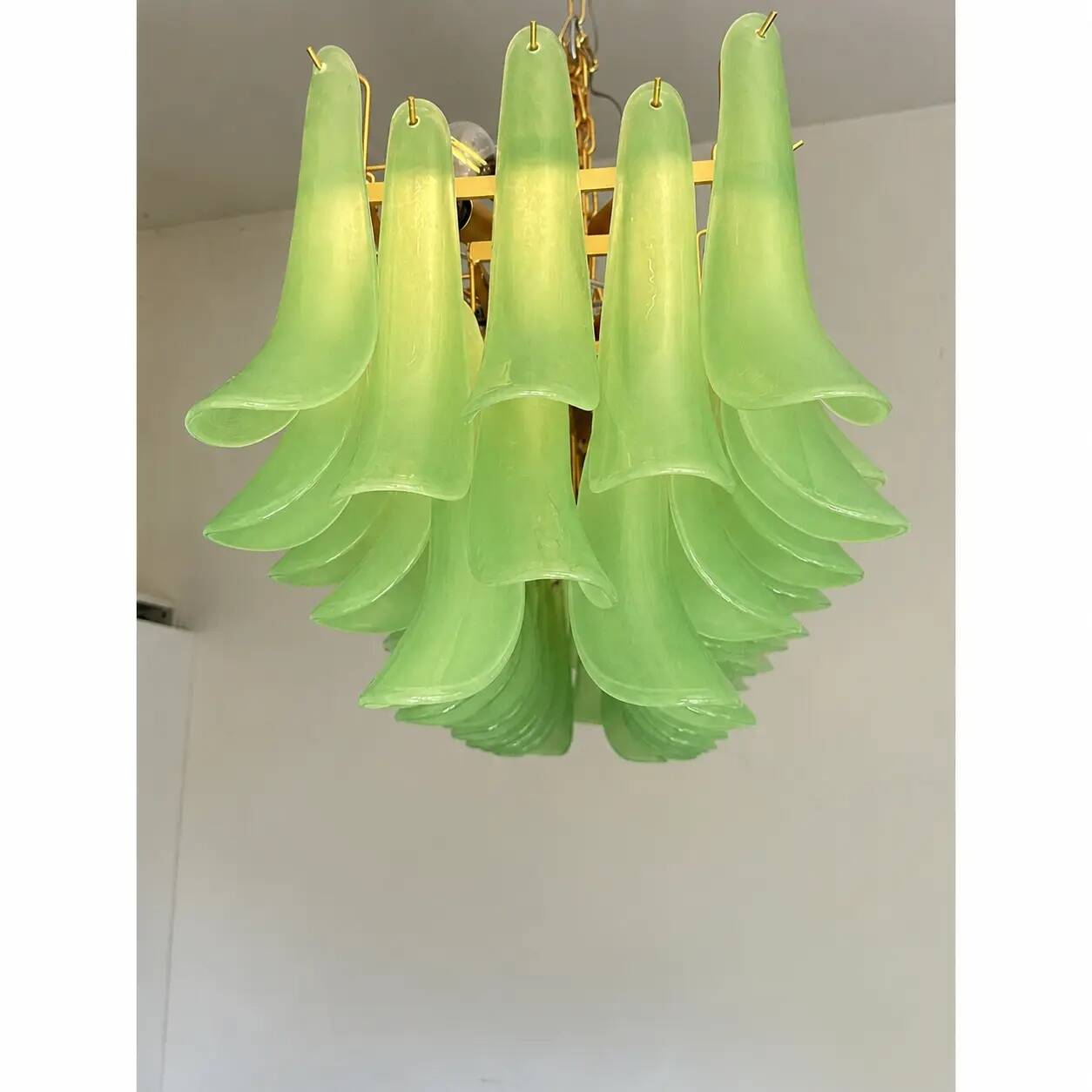 Contemporary Modern Green Frosted "Selle" Murano Glass Rectangular Chandeli