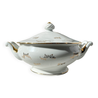 J&Ciem France 1950 white gilded porcelain soup tureen with floral motif