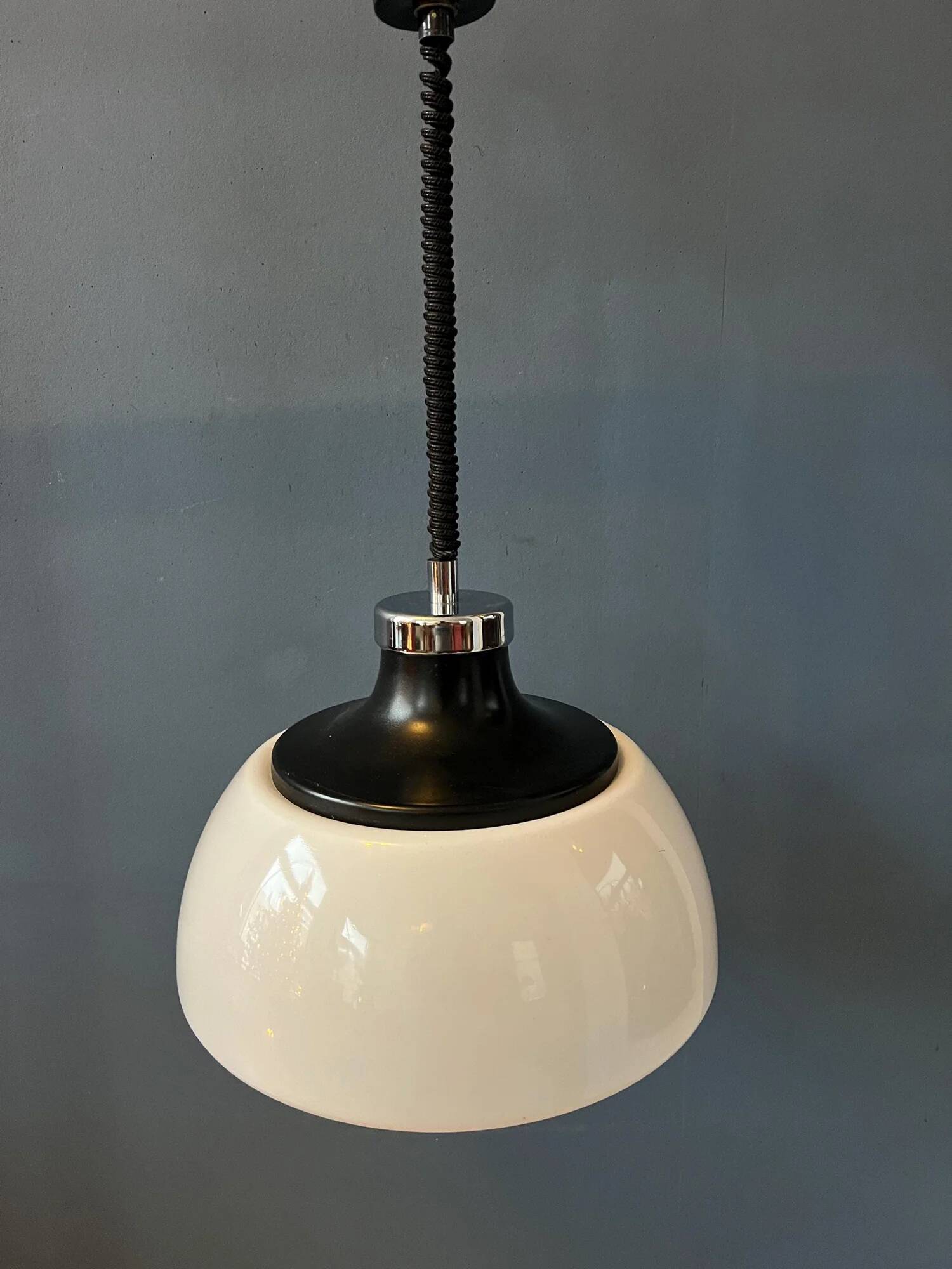 Mid-century plexiglass massive space age pendant lamp with white acrylic shade