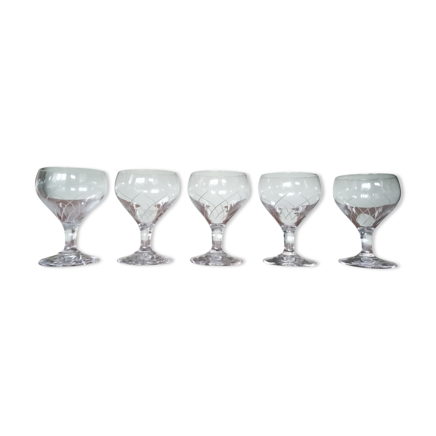 Five engraved vintage glasses white wine or aperitif glasses