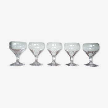 Five engraved vintage glasses white wine or aperitif glasses