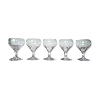 Five engraved vintage glasses white wine or aperitif glasses