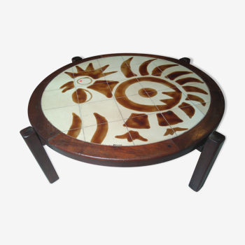 Vintage ceramic coffee table and wood rooster pattern by Raynaud