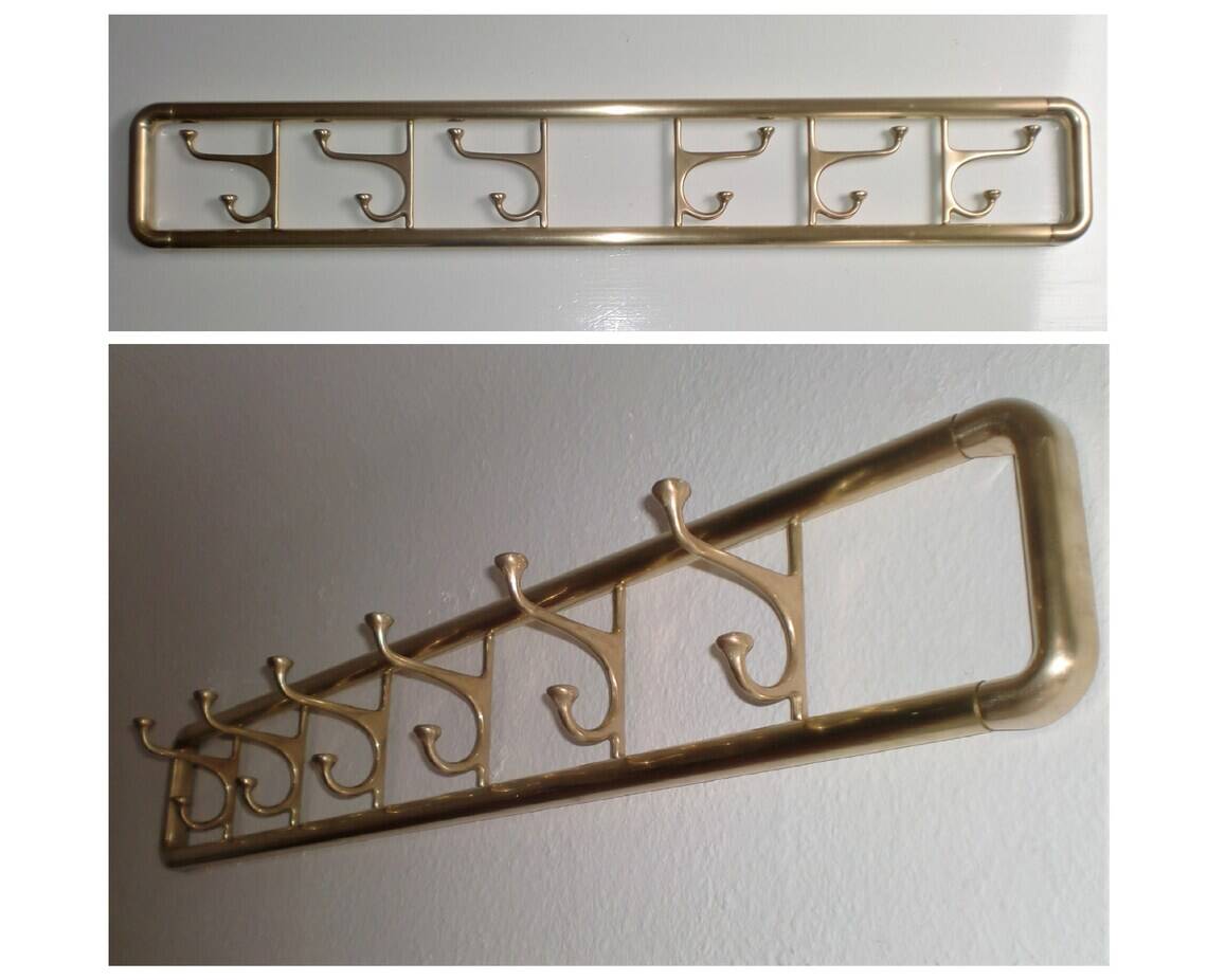 86cm art-deco brass coat rack with 6 folding hooks, austria, 1930s