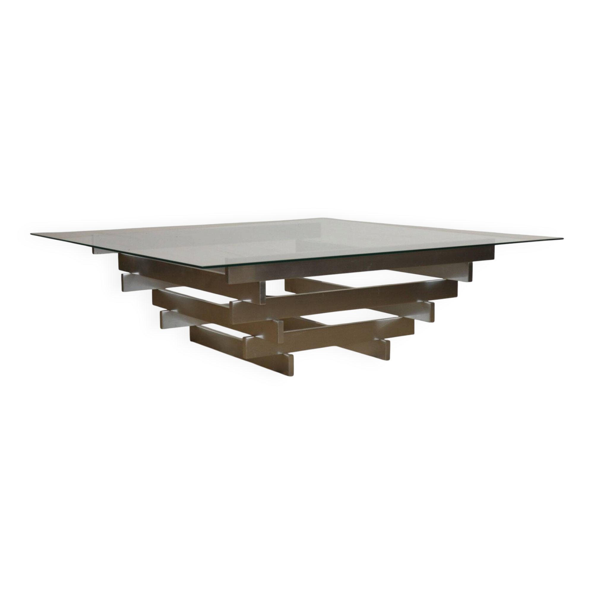 Table basse sculpturale en aluminium brossé et verre – années 1970