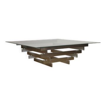 Sculptural coffee table in brushed aluminium and glass – 1970s