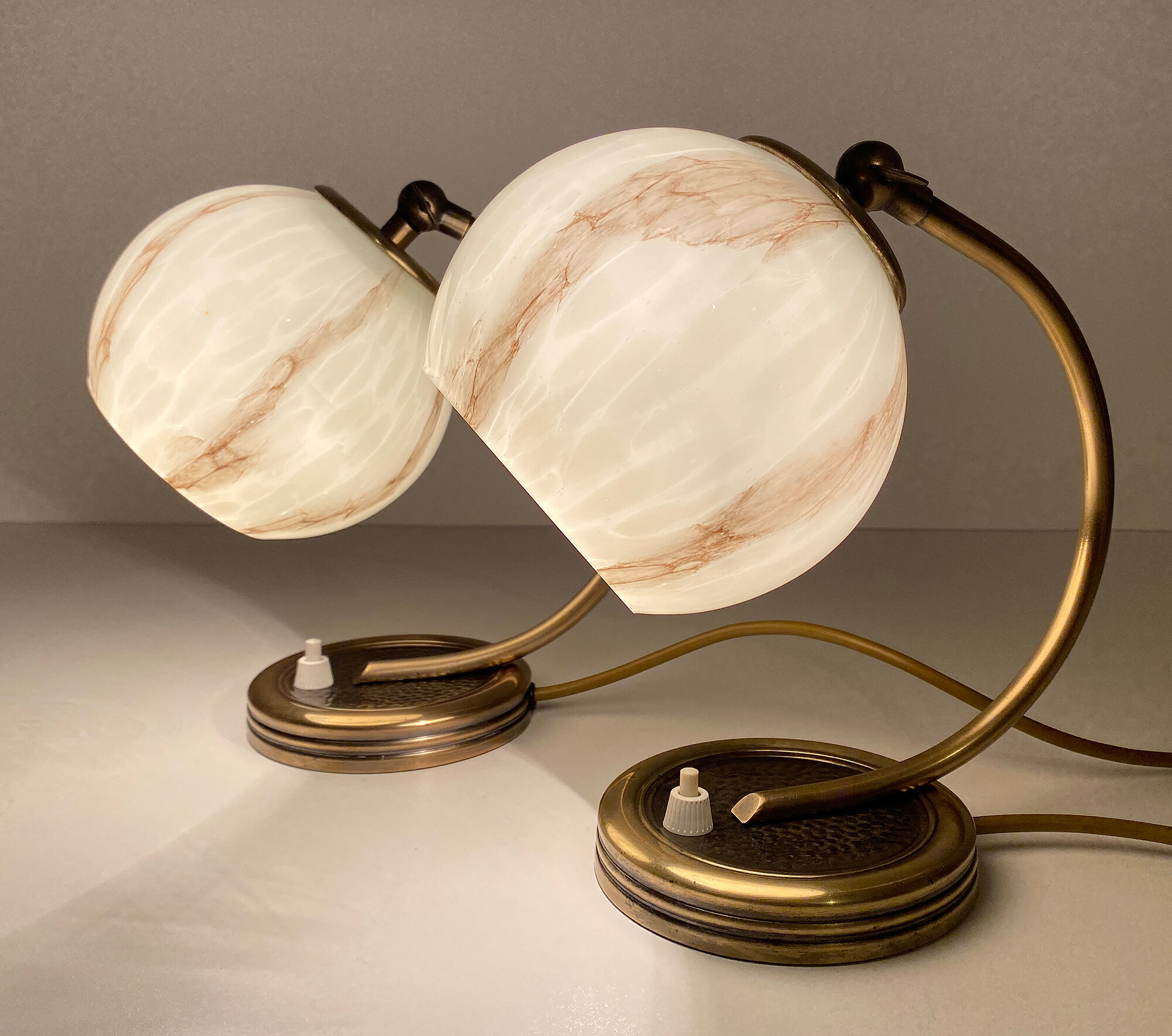 Pair of vintage lamp art deco bauhaus, 30s, marbled glass brass
