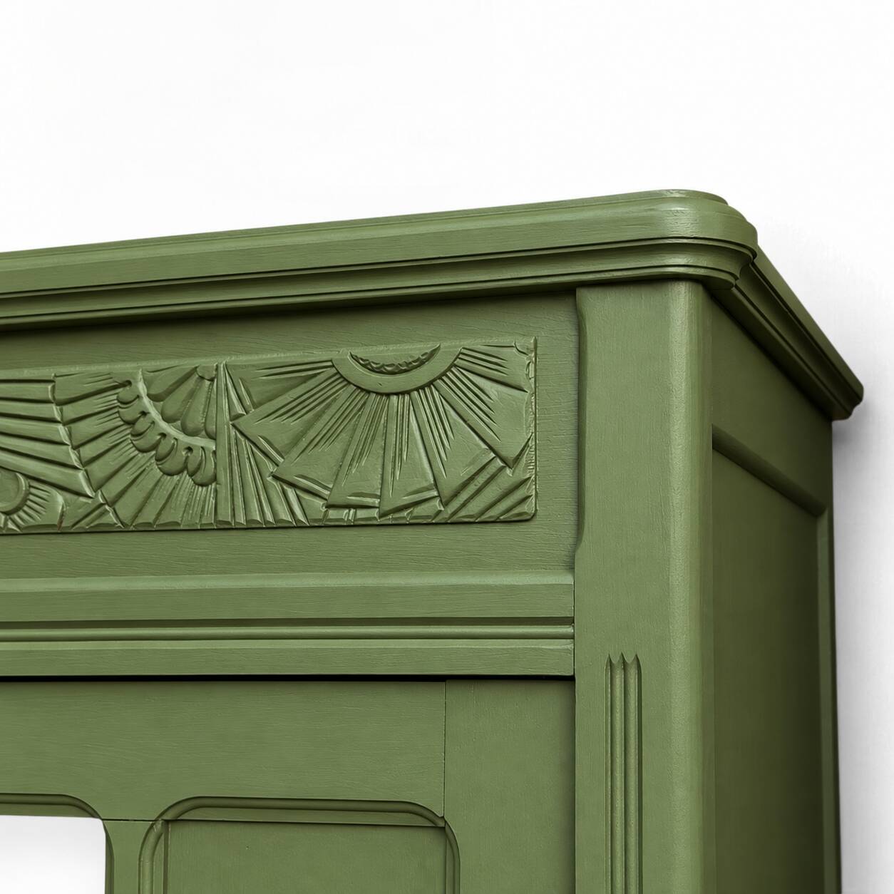 Renovated Art Deco Parisian wardrobe in khaki with original mirror.
