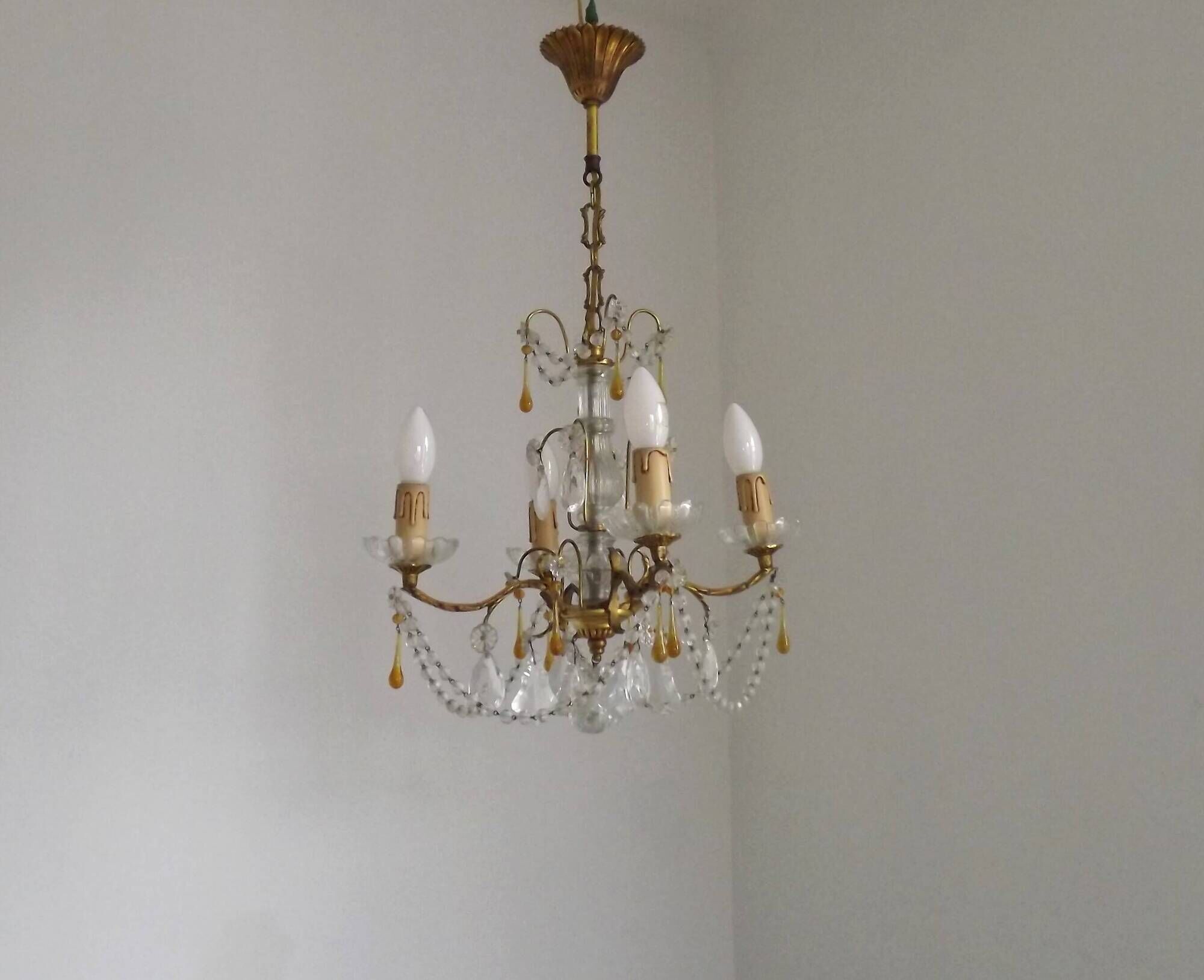 Vintage 4-Light Bronze, Glass & Crystal Chandelier with Amber Glass Drops