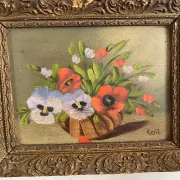 Old painting of a bouquet of pansies and poppies.