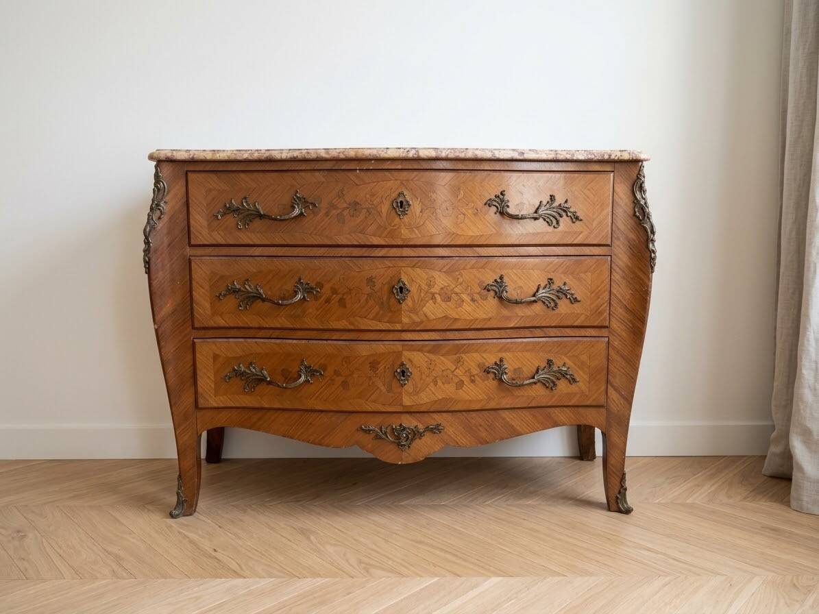 Louis XV style commode in marquetry and marble
