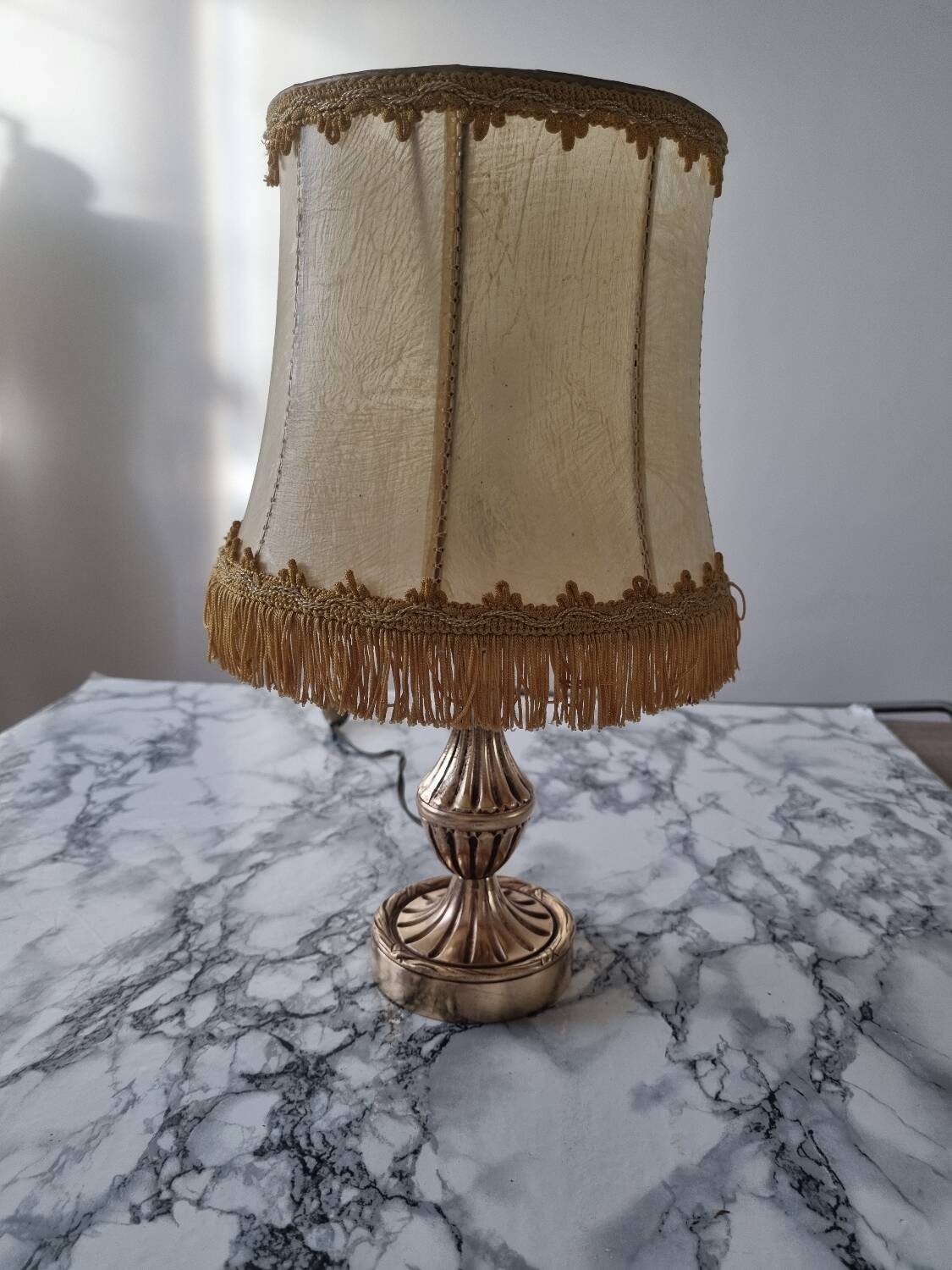 Brass lamp with vintage mother-of-pearl lampshade