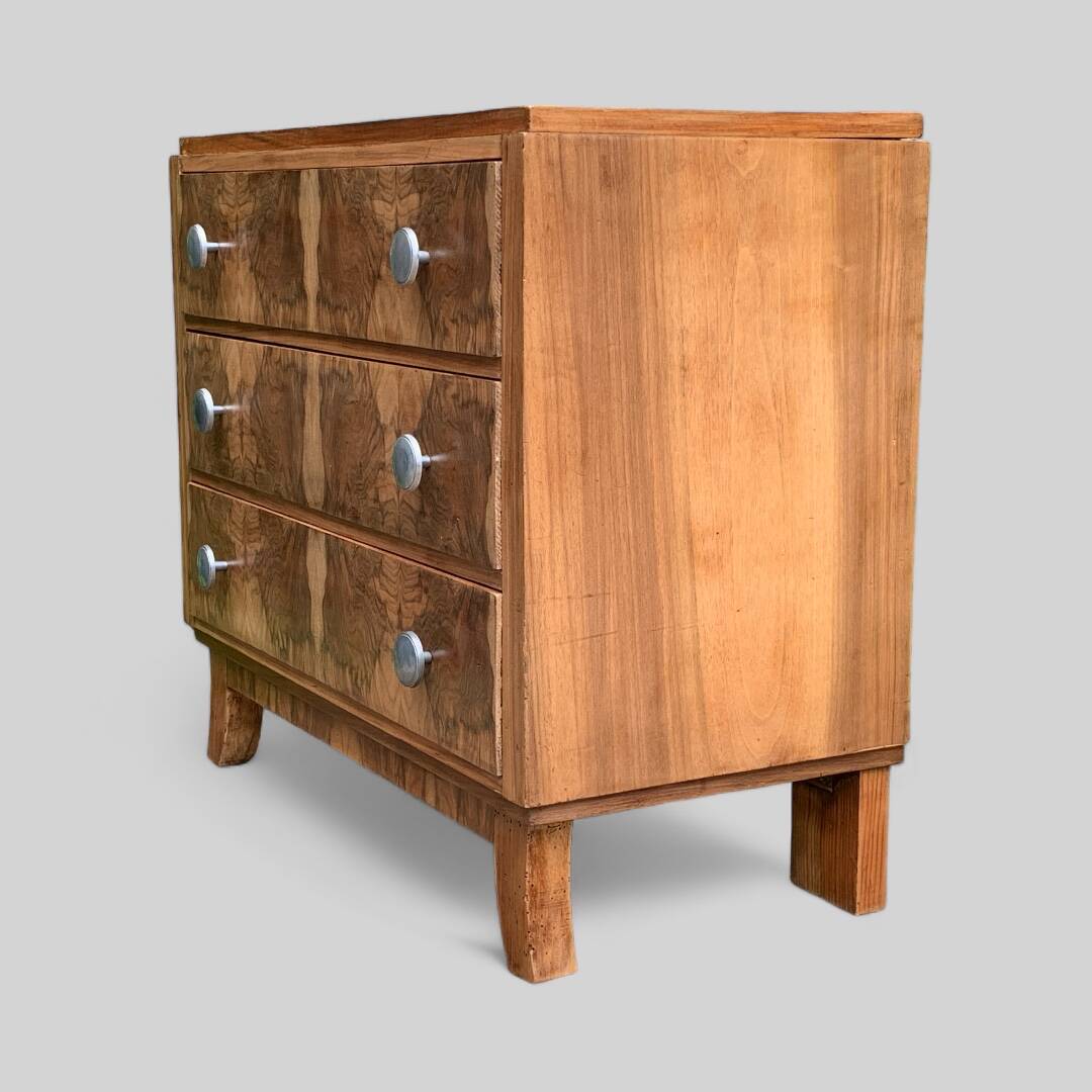 Art Deco chest of drawers in raw walnut burl