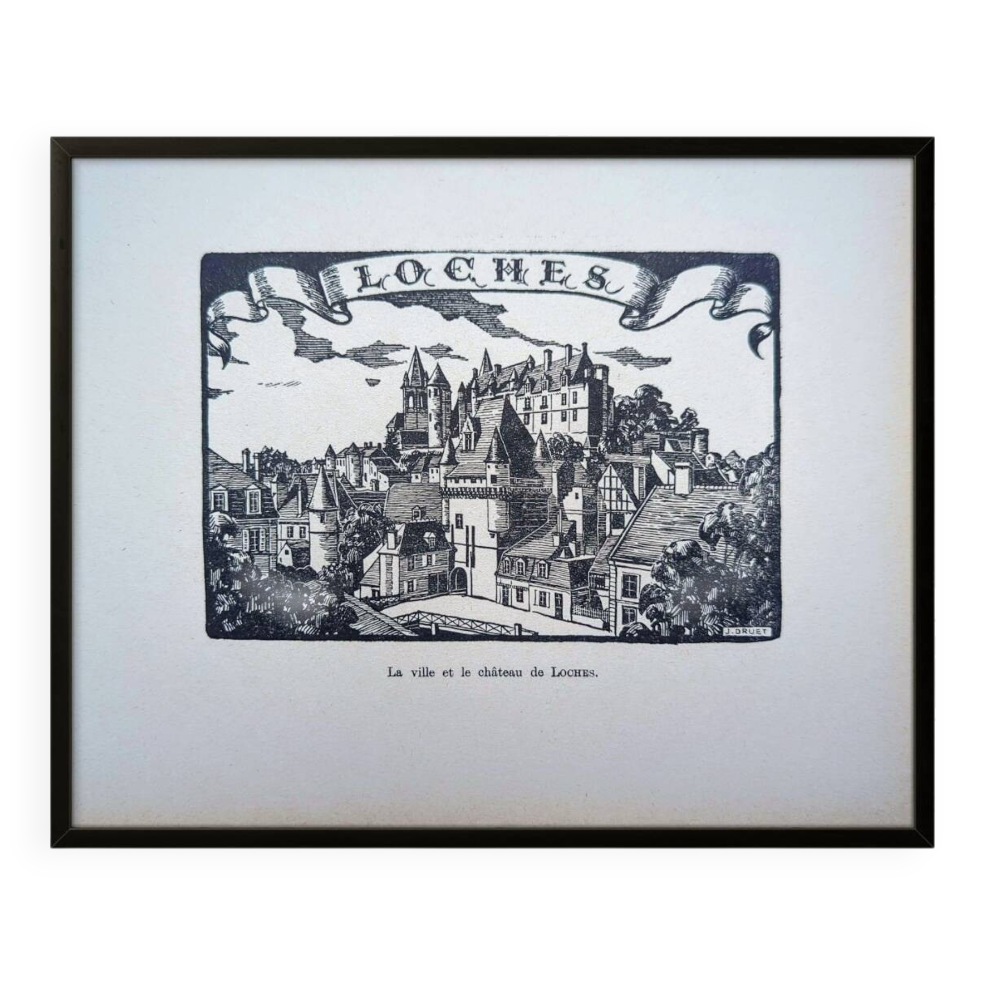 Loches, Indre-et-Loire, printed in 1933, vintage engraving.