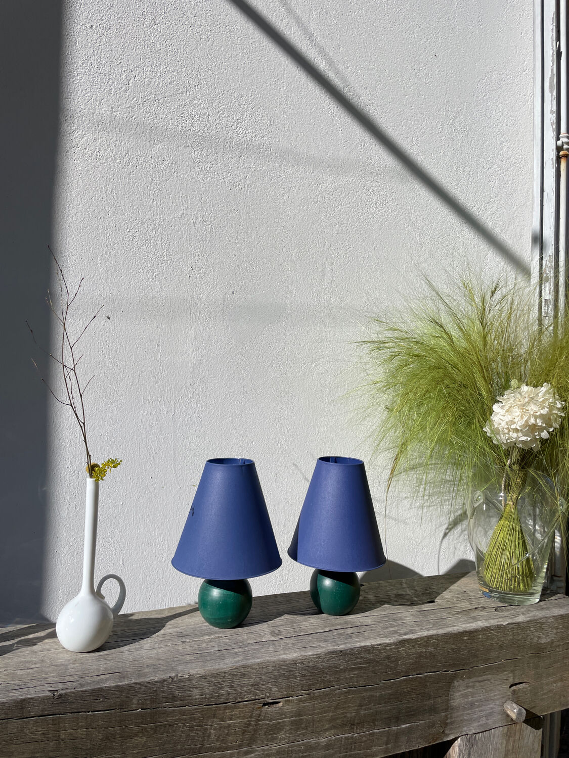 Pair of green and blue wooden ball lamps