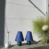Pair of green and blue wooden ball lamps