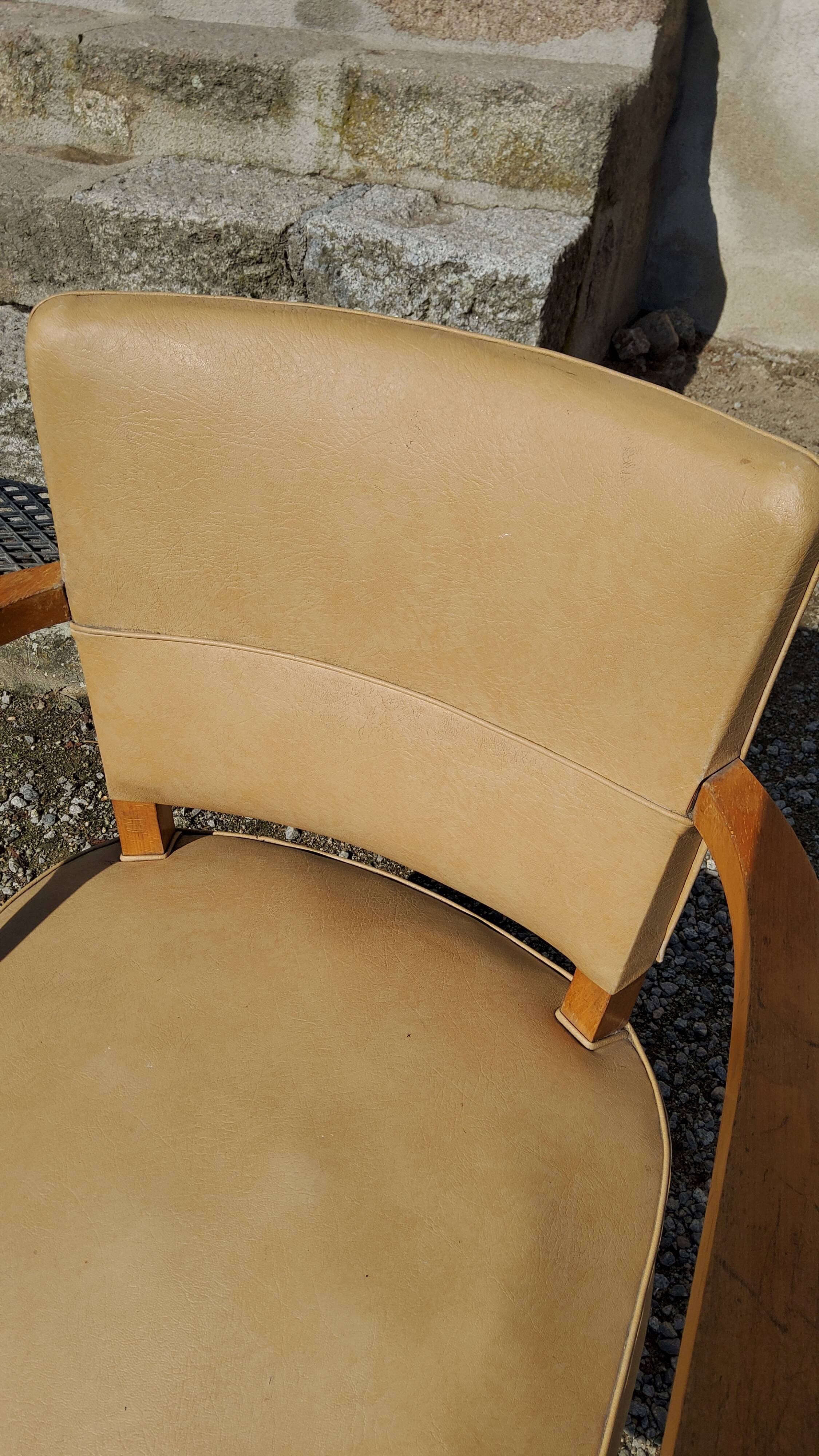 Office armchair from the 50s in beech tinted sycamore and moleskine