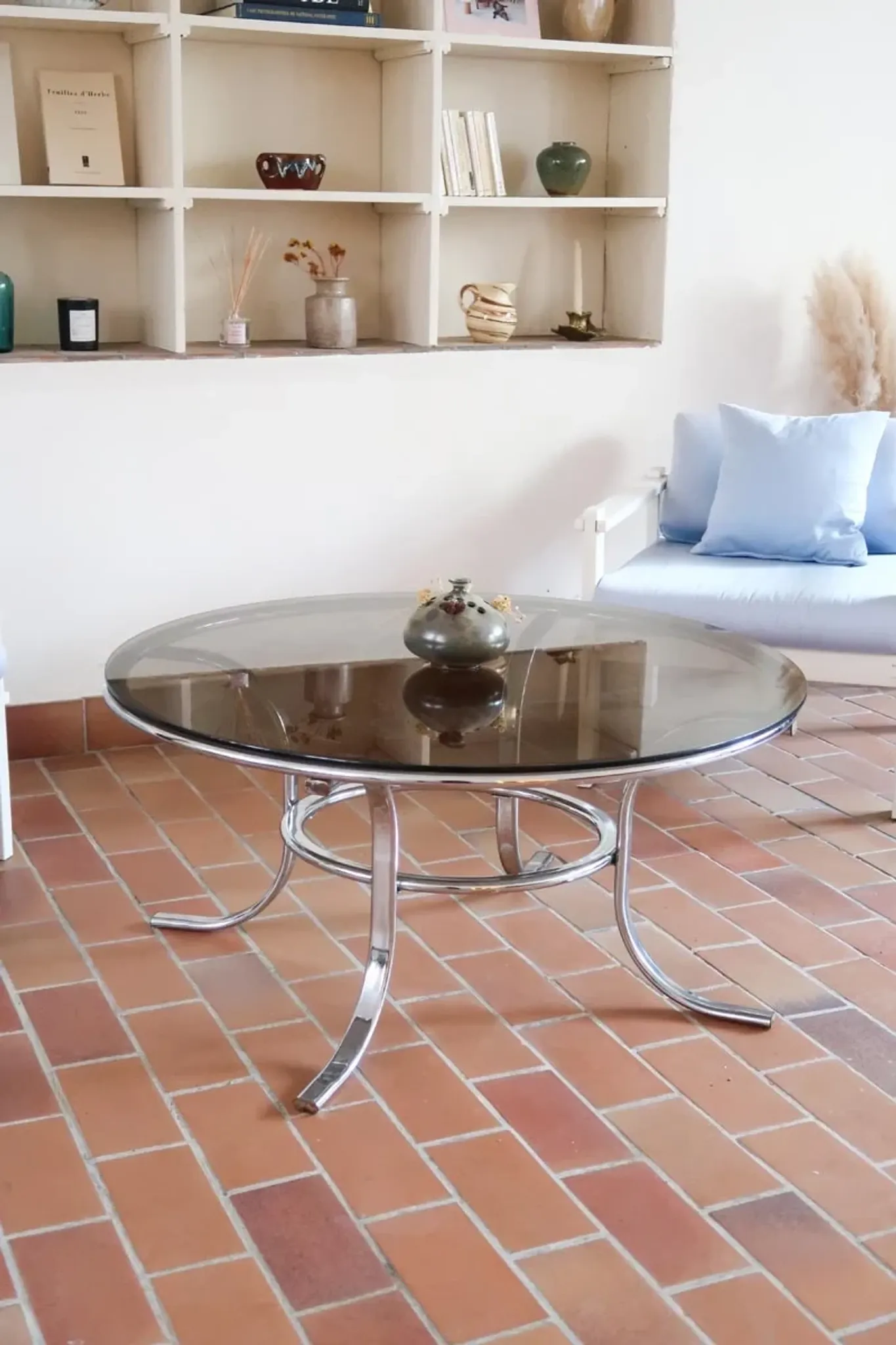 Round coffee table in smoked glass and chrome – Space Age style, 1970s