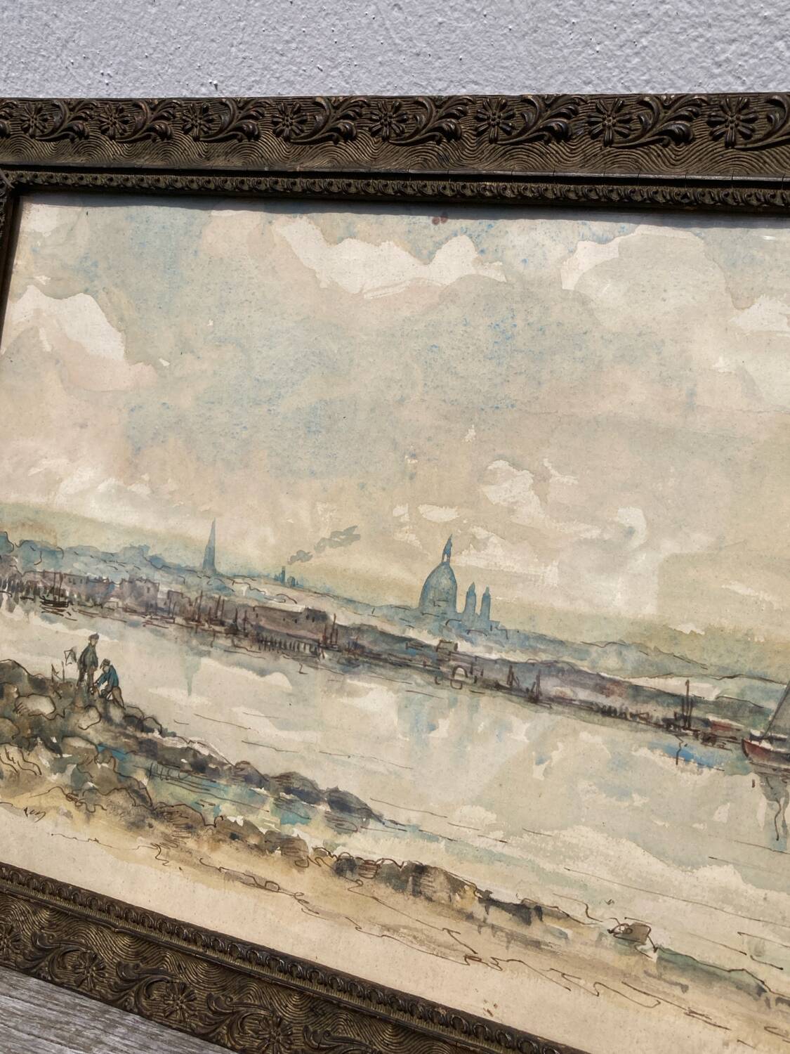 Watercolor old shore golden frame